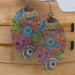 Large Filigree Colorful Swirl Leaf Drop Earrings Pierced NEW